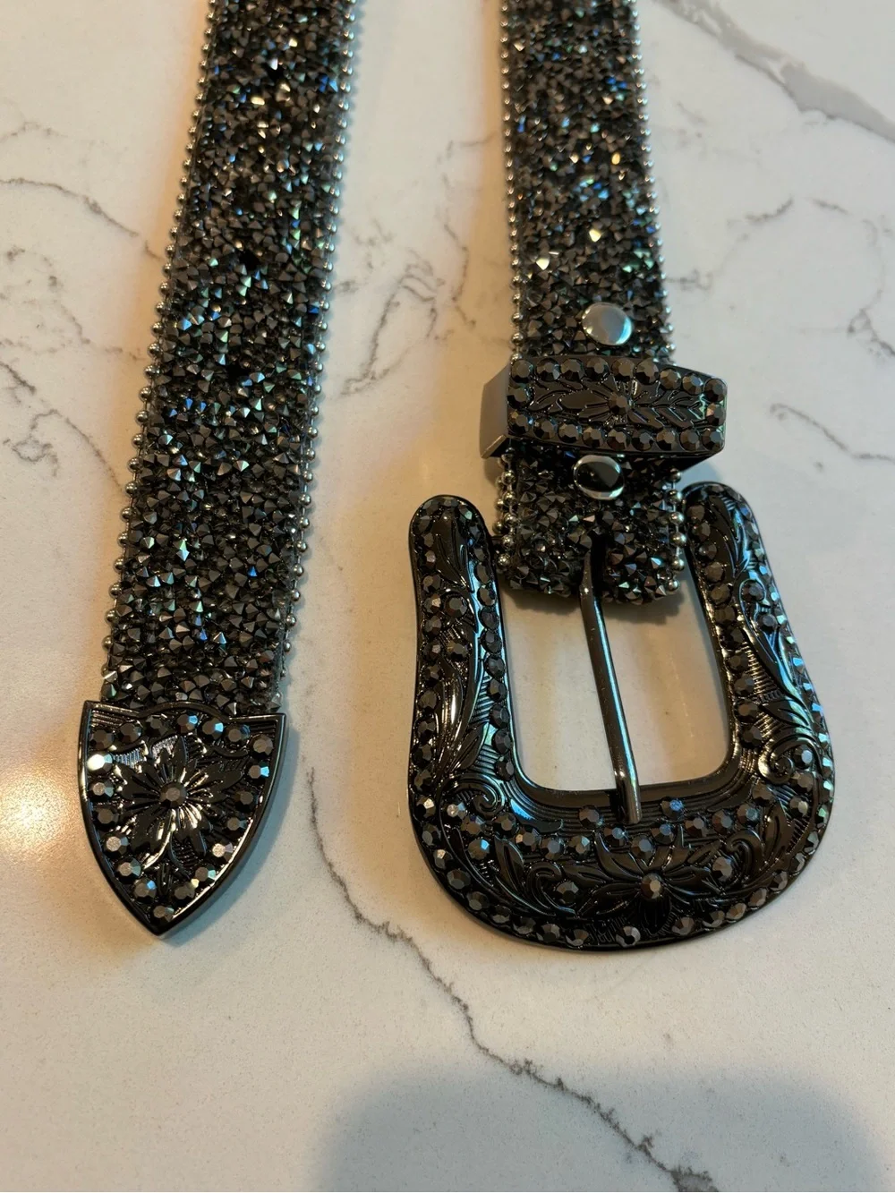 Y2K Genuine Leather Suede and Silver Mixed Metal Bling Belt Womens Small Heavy